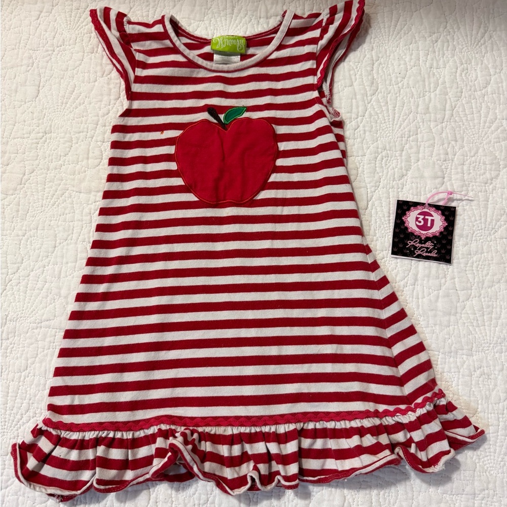 Red and White Striped Kids Dress with Apple Design